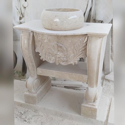 روشویی سنگی سلطنتی با قاب آینه طرح گلبرگ  ، رنگ نسکافه ای